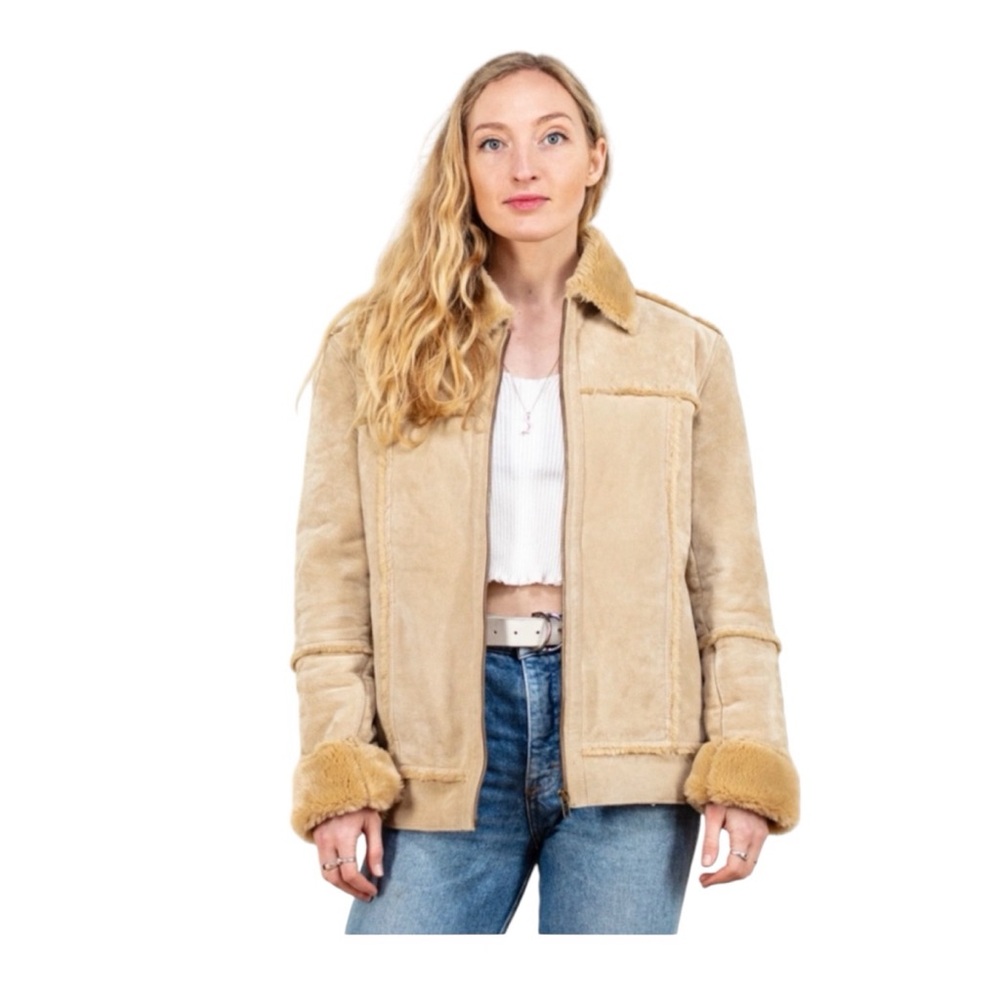 Vintage 90s Genuine Suede & Faux Fur Jacket Beige Blonde Tan Penny Lane Bomber M